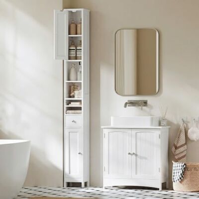 VASAGLE Badezimmerschrank, hoch, schmaler Aufbewahrungsschrank Badschrank, mit verstellbaren Ablagen, Schublade, offenen Fächern, für kleine Räume, wolkenweiß, SIREN Kollektion BBC765W01 VASAGLE Badezimmerschrank, hoch, schmaler Aufbewahrungsschrank Badschrank, mit verstellbaren Ablagen, Schublade, offenen Fächern, für kleine Räume, wolkenweiß, SIREN Kollektion BBC765W01