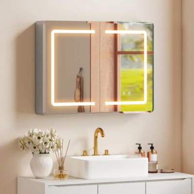 HOMCOM Spiegelschrank Bad mit LED-Beleuchtung 80x60x13,5cm Silber Doppelseitigen Spiegeln, Verstellbarem Regal, Badschrank Hängend, Badezimmerschrank, 3 Lichtfarbe Einstellbar, Antibeschlag HOMCOM Spiegelschrank Bad mit LED-Beleuchtung 80x60x13,5cm Silber Doppelseitigen Spiegeln, Verstellbarem Regal, Badschrank Hängend, Badezimmerschrank, 3 Lichtfarbe Einstellbar, Antibeschlag