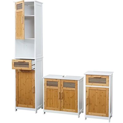 Mendler Badezimmerset HWC-A85 Bambus, weiß Hochschrank, Waschbeckenunterschank, Kommode Mendler Badezimmerset HWC-A85 Bambus, weiß Hochschrank, Waschbeckenunterschank, Kommode