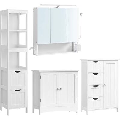 VASAGLE Spiegelschrank Bad mit Beleuchtung, 4er Set Badezimmerschrank Waschbeckenunterschrank, Hochschrank, verstellbare Ablage, viel Stauraum, für Wohnzimmer, weiß VASAGLE Spiegelschrank Bad mit Beleuchtung, 4er Set Badezimmerschrank Waschbeckenunterschrank, Hochschrank, verstellbare Ablage, viel Stauraum, für Wohnzimmer, weiß