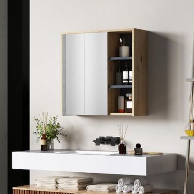 HOMCOM Badezimmer-Spiegelschrank Wandmontiert 2 Türen Schränke Natur Wandmontierter Badezimmerschrank mit Spiegel HOMCOM Badezimmer-Spiegelschrank Wandmontiert 2 Türen Schränke Natur Wandmontierter Badezimmerschrank mit Spiegel