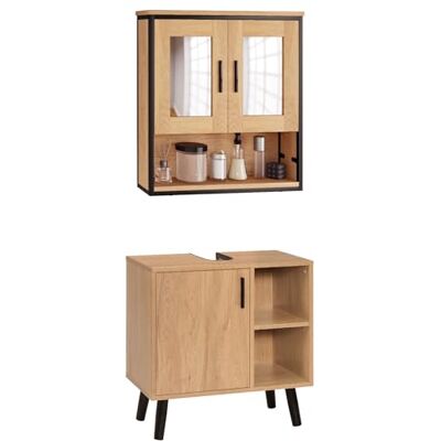EUGAD Badmöbel Set, Waschbeckenunterschrank mit Tür und 2 offenen Ablagen, Badschrank mit 2 Spiegeln, Schrank im Badezimmer, aus Holzwerkstoff, helle Eiche schwarz EUGAD Badmöbel Set, Waschbeckenunterschrank mit Tür und 2 offenen Ablagen, Badschrank mit 2 Spiegeln, Schrank im Badezimmer, aus Holzwerkstoff, helle Eiche schwarz