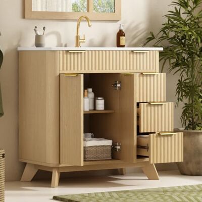 BTM Waschtisch Stehend mit Unterschrank Holz Badezimmerschrank Waschbecken mit 3 Schubladen Wellenoptik BTM Waschtisch Stehend mit Unterschrank Holz Badezimmerschrank Waschbecken mit 3 Schubladen Wellenoptik