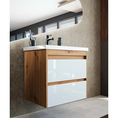 Newroom Waschbeckenunterschrank inkl. Waschbecken Teil-lackiert Weiß Hochglanz/Holz Eiche- Hängend mit viel Stauraum 60x60x45 cm (BxHxT) Badezimmermöbel, Waschtisch, Unterschrank Newroom Waschbeckenunterschrank inkl. Waschbecken Teil-lackiert Weiß Hochglanz/Holz Eiche- Hängend mit viel Stauraum 60x60x45 cm (BxHxT) Badezimmermöbel, Waschtisch, Unterschrank