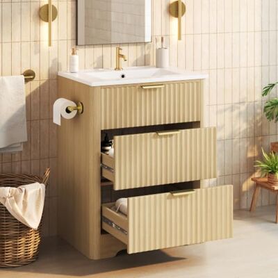 BTM Waschbecken Stehend mit Unterschrank für Kleine Bäder Waschtischunterschrank mit Toilettenpapierhalter Holzoptik BTM Waschbecken Stehend mit Unterschrank für Kleine Bäder Waschtischunterschrank mit Toilettenpapierhalter Holzoptik