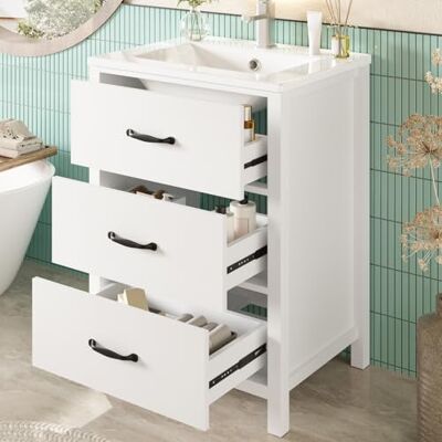 Merax Waschbeckenunterschrank mit Keramikbecken, Stehender Waschtisch, Badezimmerschrank, Volllackierter Badschrank mit 3 Schubladen, geräuschlosen Auszügen, 61x47x83 cm, Weiß Merax Waschbeckenunterschrank mit Keramikbecken, Stehender Waschtisch, Badezimmerschrank, Volllackierter Badschrank mit 3 Schubladen, geräuschlosen Auszügen, 61x47x83 cm, Weiß