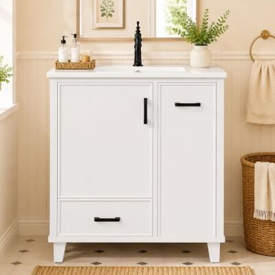 Merax Waschtischunterschrank Bodenstehend mit Keramikwaschbecken,Weiß 2 Schubladen, seitlicher 2-Ebenen-Auszug, Türregal, hohe Füße, lackiertes MDF, Soft-Close-Tür, viel Stauraum Merax Waschtischunterschrank Bodenstehend mit Keramikwaschbecken,Weiß 2 Schubladen, seitlicher 2-Ebenen-Auszug, Türregal, hohe Füße, lackiertes MDF, Soft-Close-Tür, viel Stauraum