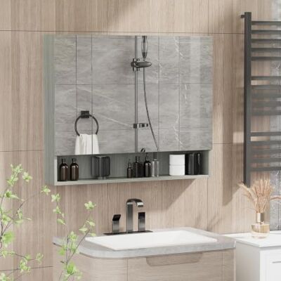 kleankin Wandschrank Badezimmer mit Spiegel, 90 x 15 x 75 cm, Badezimmermöbel, Spiegelschrank mit 3 Spiegeltüren, offenem Fach und verstellbaren Regalen, grau kleankin Wandschrank Badezimmer mit Spiegel, 90 x 15 x 75 cm, Badezimmermöbel, Spiegelschrank mit 3 Spiegeltüren, offenem Fach und verstellbaren Regalen, grau