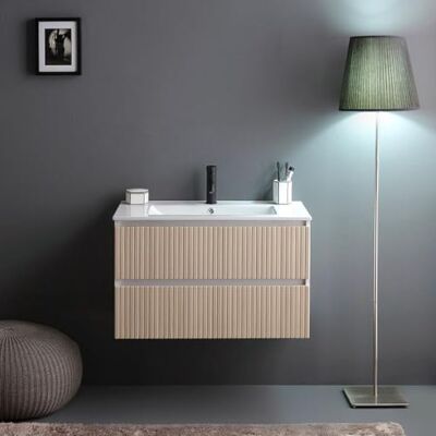 KIAMAMI VALENTINA Hängendes Badmöbel 80 cm 2 Schubladen geriffelte Eiche Korpus aus weißem Holzwerkstoff, Front aus geriffeltem Eichen-MDF, Keramikwaschbecken inklusive, 80x46x190 cm KIAMAMI VALENTINA Hängendes Badmöbel 80 cm 2 Schubladen geriffelte Eiche Korpus aus weißem Holzwerkstoff, Front aus geriffeltem Eichen-MDF, Keramikwaschbecken inklusive, 80x46x190 cm
