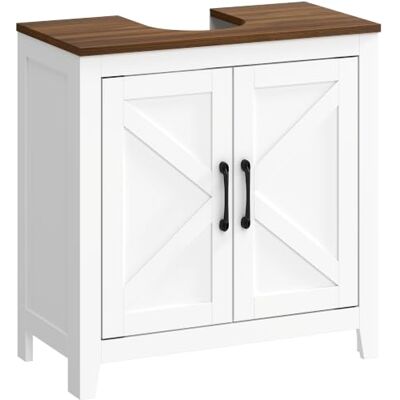 HOMCOM Rustikaler Unterschrank 60x30x61,3 cm Weiß Badezimmerschrank mit 2 Scheunentoren, verstellbarem Regal, Unterschrank-Design. HOMCOM Rustikaler Unterschrank 60x30x61,3 cm Weiß Badezimmerschrank mit 2 Scheunentoren, verstellbarem Regal, Unterschrank-Design.