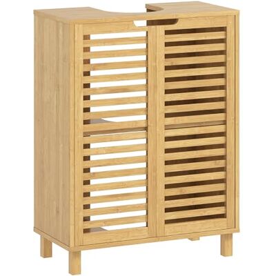 HOMCOM Waschbeckenunterschrank mit 2 Lamellentüren aus Bambus 60x30x80 cm Verstellbarer Einlegeboden, Badezimmerschrank, Waschtischunterschrank, Natur HOMCOM Waschbeckenunterschrank mit 2 Lamellentüren aus Bambus 60x30x80 cm Verstellbarer Einlegeboden, Badezimmerschrank, Waschtischunterschrank, Natur