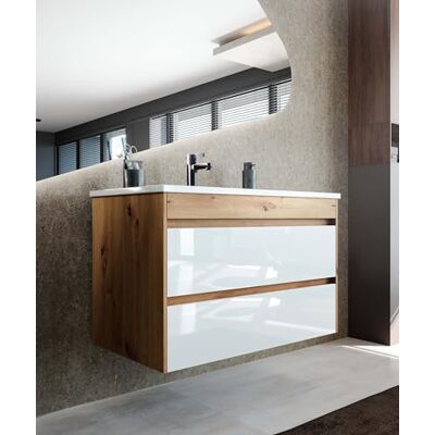 Newroom Waschbeckenunterschrank inkl. Waschbecken Teil-lackiert Weiß Hochglanz/Holz Eiche- Hängend mit viel Stauraum 85x58,5x46 cm (BxHxT) Badezimmermöbel, Waschtisch, Unterschrank Newroom Waschbeckenunterschrank inkl. Waschbecken Teil-lackiert Weiß Hochglanz/Holz Eiche- Hängend mit viel Stauraum 85x58,5x46 cm (BxHxT) Badezimmermöbel, Waschtisch, Unterschrank