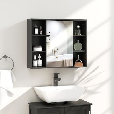 HOMCOM Wand-Badschrank mit Spiegel, 60x14,5x49,4 cm, Schwarz Badezimmerspiegel mit Stauraum, Schrank mit Türen, 6 offene Fächer. HOMCOM Wand-Badschrank mit Spiegel, 60x14,5x49,4 cm, Schwarz Badezimmerspiegel mit Stauraum, Schrank mit Türen, 6 offene Fächer.