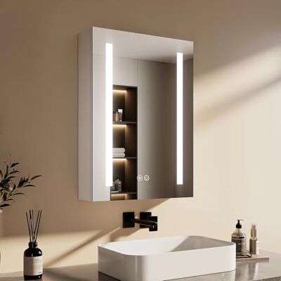 EMKE Spiegelschrank Bad mit Beleuchtung 50x70cm, Dimmbar Spiegelschränke fürs Bad mit 3 Lichtfarbe, Antibeschlag, Steckdose, Glasablage, Weiß Doppelspiegel, Speicherfunktion EMKE Spiegelschrank Bad mit Beleuchtung 50x70cm, Dimmbar Spiegelschränke fürs Bad mit 3 Lichtfarbe, Antibeschlag, Steckdose, Glasablage, Weiß Doppelspiegel, Speicherfunktion