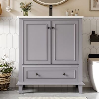 Merax Waschbecken mit Unterschrank Badmöbel-Set Badezimmerschrank mit Waschbecken, Massivholzbeine, Feuchtigkeits- & Wasserdicht, Integriertes Keramikbecken, Grau, 76x46x87 cm Merax Waschbecken mit Unterschrank Badmöbel-Set Badezimmerschrank mit Waschbecken, Massivholzbeine, Feuchtigkeits- & Wasserdicht, Integriertes Keramikbecken, Grau, 76x46x87 cm