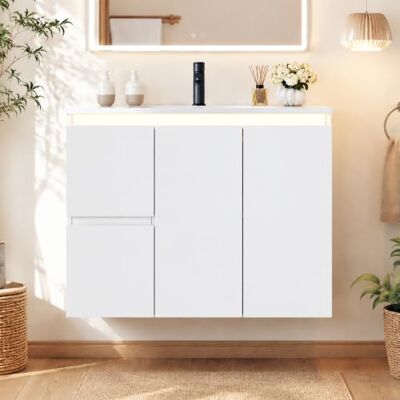 Merax Waschtischunterschrank 76 cm Wandmontiert mit Keramikwaschbecken,Weiß LED-Radarsensorlicht, 2 Schubladen, Soft-Close-Schrank, voll lackiertes MDF, schwebendes Design, grifflos, ohne Armatur Merax Waschtischunterschrank 76 cm Wandmontiert mit Keramikwaschbecken,Weiß LED-Radarsensorlicht, 2 Schubladen, Soft-Close-Schrank, voll lackiertes MDF, schwebendes Design, grifflos, ohne Armatur