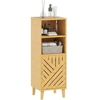 HOMCOM Schmaler Badezimmerschrank Bambustür 32x30x90 cm Naturholz-Optik Bambusbeine, schmaler Badezimmerschrank, freistehender Schrank, offene Fächer HOMCOM Schmaler Badezimmerschrank Bambustür 32x30x90 cm Naturholz-Optik Bambusbeine, schmaler Badezimmerschrank, freistehender Schrank, offene Fächer
