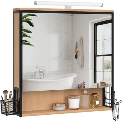 EUGAD Spiegelschrank Bad mit Beleuchtung, Badezimmerschrank mit Spiegel, Badschrank hängend, mit Verstellbarer Ablage Halter Korb, aus Metall MDF, Schwarz + Helle Eiche, 70Bx70Hx14,5T cm EUGAD Spiegelschrank Bad mit Beleuchtung, Badezimmerschrank mit Spiegel, Badschrank hängend, mit Verstellbarer Ablage Halter Korb, aus Metall MDF, Schwarz + Helle Eiche, 70Bx70Hx14,5T cm