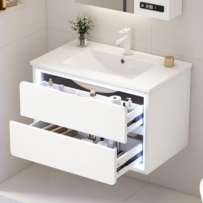Merax Waschtischunterschrank hängend 76x46x48,5cm mit Keramik Waschbecken, Badezimmer Hängeschrank Weiß mit 2 Schubladen & Soft-Close, MDF Badmöbel Wandmontage Merax Waschtischunterschrank hängend 76x46x48,5cm mit Keramik Waschbecken, Badezimmer Hängeschrank Weiß mit 2 Schubladen & Soft-Close, MDF Badmöbel Wandmontage