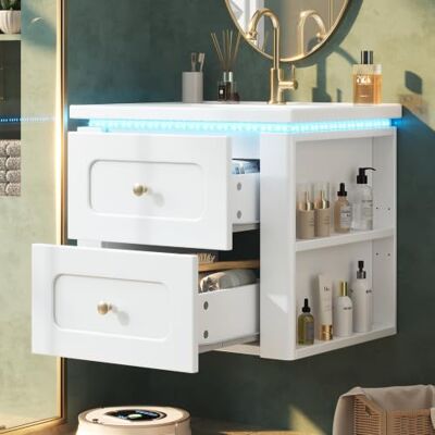 BTM 61cm Badezimmerunterschrank Hängend Hochglanz Weiß Waschbecken mit LED BTM 61cm Badezimmerunterschrank Hängend Hochglanz Weiß Waschbecken mit LED
