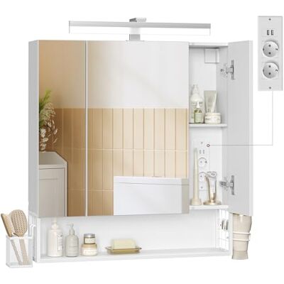 VASAGLE Spiegelschrank Bad mit Beleuchtung, 16,5 x 70 x 75 cm, Steckdosen, Hängekorb, Haartrockner-Halter, Spiegelschrank, Badschrank, Wandschrank, für Badezimmer, wolkenweiß BBK126W01 VASAGLE Spiegelschrank Bad mit Beleuchtung, 16,5 x 70 x 75 cm, Steckdosen, Hängekorb, Haartrockner-Halter, Spiegelschrank, Badschrank, Wandschrank, für Badezimmer, wolkenweiß BBK126W01