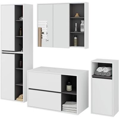 AKORD Badezimmer Komplett Set Hängendes Badezimmermöbel-Set mit Spiegelschrank, Hängeschrank, Hochschrank & Unterschrank Badmöbel Weiß & Graphitgrau AKORD Badezimmer Komplett Set Hängendes Badezimmermöbel-Set mit Spiegelschrank, Hängeschrank, Hochschrank & Unterschrank Badmöbel Weiß & Graphitgrau
