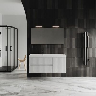 KIAMAMI VALENTINA Möbelset für Wandmontage in glänzendes Weiß geriffelt, 2 Auszügen + 1 Tür +Spiegel Cortina KIAMAMI VALENTINA Möbelset für Wandmontage in glänzendes Weiß geriffelt, 2 Auszügen + 1 Tür +Spiegel Cortina
