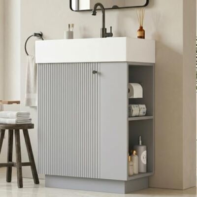 BTM Waschbecken Stehend mit Unterschrank für Kleine Bäder Waschtischunterschrank mit Toilettenpapierhalter Grau BTM Waschbecken Stehend mit Unterschrank für Kleine Bäder Waschtischunterschrank mit Toilettenpapierhalter Grau