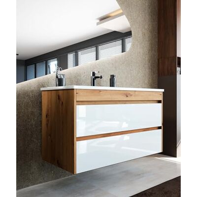 Newroom Waschbeckenunterschrank inkl. Waschbecken Teil-lackiert Weiß Hochglanz/Holz Eiche Hängend mit viel Stauraum 99,5x58x47,5 cm (BxHxT) Badezimmermöbel, Waschtisch, Unterschrank Newroom Waschbeckenunterschrank inkl. Waschbecken Teil-lackiert Weiß Hochglanz/Holz Eiche Hängend mit viel Stauraum 99,5x58x47,5 cm (BxHxT) Badezimmermöbel, Waschtisch, Unterschrank