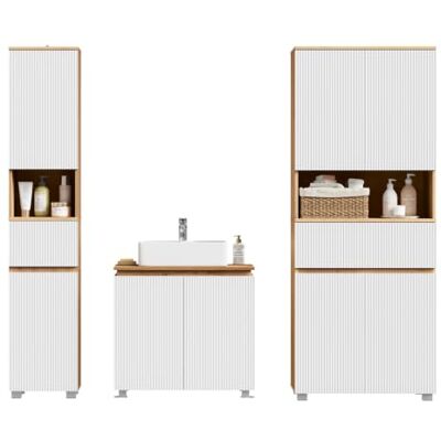 EUGAD Badmöbel Komplettset, 176.5 cm, Weiß + Braune Holzoptik, Badezimmermöbel-Set mit Waschbeckenunterschrank, und 2 Badezimmerschränke EUGAD Badmöbel Komplettset, 176.5 cm, Weiß + Braune Holzoptik, Badezimmermöbel-Set mit Waschbeckenunterschrank, und 2 Badezimmerschränke