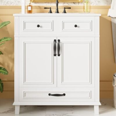 Merax Waschtisch mit Keramikbecken, Badschrank Weiß, Soft-Close Freistehend, MDF, 9 Ablagefächer, voll lackiert, feuchtigkeitsbeständig, Keramikbecken mit Überlauf Merax Waschtisch mit Keramikbecken, Badschrank Weiß, Soft-Close Freistehend, MDF, 9 Ablagefächer, voll lackiert, feuchtigkeitsbeständig, Keramikbecken mit Überlauf