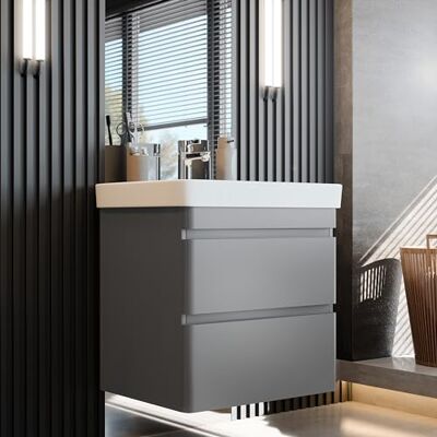 Newroom Waschbeckenunterschrank Grau hängend mit Waschbecken 60 cm grifflos, 2 Schubladen, Waschtisch, Badezimmer Unterschrank, Badmöbel, modern, für kleine Bäder Newroom Waschbeckenunterschrank Grau hängend mit Waschbecken 60 cm grifflos, 2 Schubladen, Waschtisch, Badezimmer Unterschrank, Badmöbel, modern, für kleine Bäder