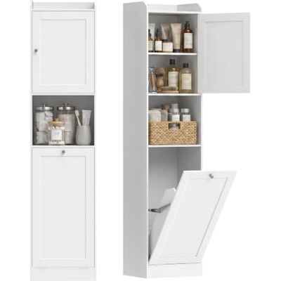 HOMCOM Hoher schmaler Badezimmerschrank 170cm 40x30x170 cm Weiß Wäschesäule, Klappkorb, offenes Fach, verstellbares Regal, platzsparend, für Wäsche, modern. HOMCOM Hoher schmaler Badezimmerschrank 170cm 40x30x170 cm Weiß Wäschesäule, Klappkorb, offenes Fach, verstellbares Regal, platzsparend, für Wäsche, modern.