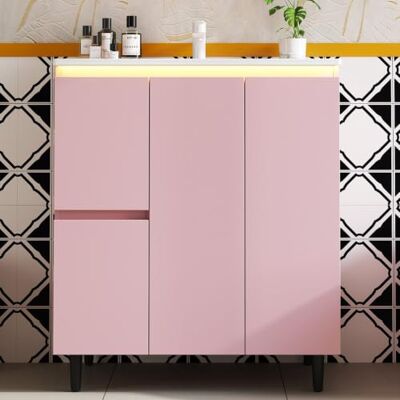 Merax Waschtischunterschrank 76 cm Freistehend mit Keramikwaschbecken, Rosa LED-Radarsensorlicht, 2 Schubladen, Soft-Close-Tür, hohe Füße, lackiertes MDF, 89 cm hoch, moderner Badschrank Merax Waschtischunterschrank 76 cm Freistehend mit Keramikwaschbecken, Rosa LED-Radarsensorlicht, 2 Schubladen, Soft-Close-Tür, hohe Füße, lackiertes MDF, 89 cm hoch, moderner Badschrank