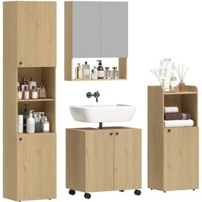 HOMCOM Badmöbel Set 4-teilig mit Hochschrank und Spiegelschrank, Eiche Nischenschrank, Waschbeckenunterschrank, Badezimmerschrank Set, Verstellbaren Einlegeböden, Soft-Close-Scharnieren HOMCOM Badmöbel Set 4-teilig mit Hochschrank und Spiegelschrank, Eiche Nischenschrank, Waschbeckenunterschrank, Badezimmerschrank Set, Verstellbaren Einlegeböden, Soft-Close-Scharnieren