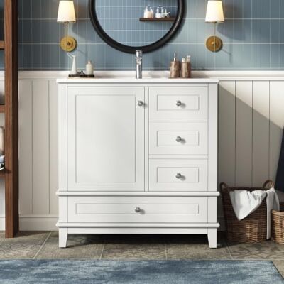 Merax Waschtisch mit Keramikbecken, Badmöbel Weiß 81 cm, 3 Schubladen Freistehender Waschbeckenunterschrank mit Türfach, MDF-Badschrank, Soft-Close, Stauraum, lackierte Oberfläche Merax Waschtisch mit Keramikbecken, Badmöbel Weiß 81 cm, 3 Schubladen Freistehender Waschbeckenunterschrank mit Türfach, MDF-Badschrank, Soft-Close, Stauraum, lackierte Oberfläche