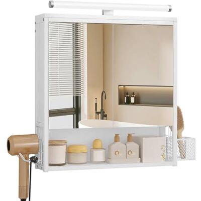 EUGAD Badezimmerschrank mit LED-Beleuchtung, Badezimmerschrank mit Spiegel, Badschrank hängend, mit Verstellbarer Ablage, Halter Korb, Metall MDF, Weiß, 56x13,5x65 cm EUGAD Badezimmerschrank mit LED-Beleuchtung, Badezimmerschrank mit Spiegel, Badschrank hängend, mit Verstellbarer Ablage, Halter Korb, Metall MDF, Weiß, 56x13,5x65 cm