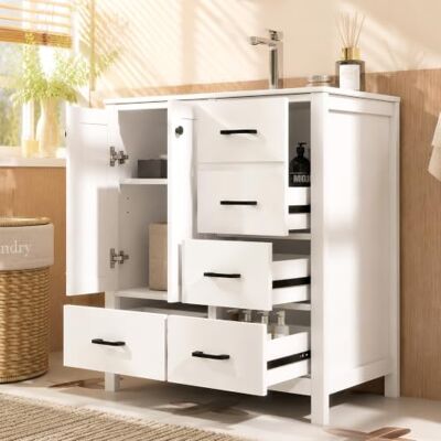 BTM Waschbecken Stehend mit Unterschrank Keramik Waschtischunterschrank mit Schubladen & Verstellbare Regal Weiß BTM Waschbecken Stehend mit Unterschrank Keramik Waschtischunterschrank mit Schubladen & Verstellbare Regal Weiß
