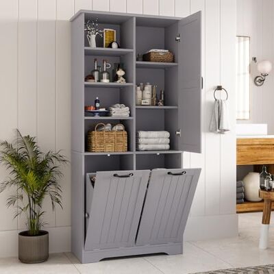 Merax Badezimmer-Hochschrank 78x35x173cm – MDF Schrank mit Volllackierung, Feuchtigkeitsbeständig, Doppelte Wäschekörbe, Vier offene Fächer, Tür mit 3 Fächern, Verstellbare Regale, Viel Stauraum, Grau Merax Badezimmer-Hochschrank 78x35x173cm – MDF Schrank mit Volllackierung, Feuchtigkeitsbeständig, Doppelte Wäschekörbe, Vier offene Fächer, Tür mit 3 Fächern, Verstellbare Regale, Viel Stauraum, Grau