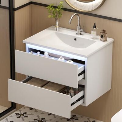 Merax Waschtischunterschrank hängend 61x46x45cm mit Keramik Waschbecken, Badezimmer Hängeschrank Weiß mit 2 Schubladen & Soft-Close, MDF Badmöbel modern Wandmontage Merax Waschtischunterschrank hängend 61x46x45cm mit Keramik Waschbecken, Badezimmer Hängeschrank Weiß mit 2 Schubladen & Soft-Close, MDF Badmöbel modern Wandmontage