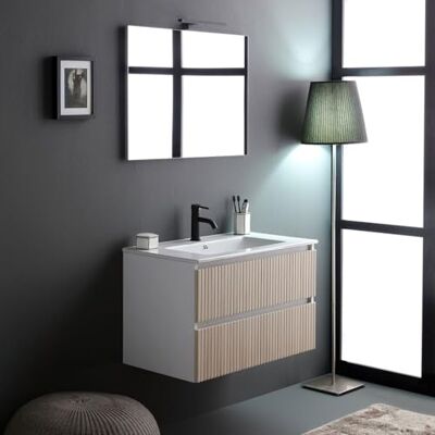 KIAMAMI VALENTINA Hängendes Badmöbel 80 cm Weiß Eiche geriffelt 2 Soft-Close-Schubladen, Keramikwaschbecken, Spiegel 80x60 cm, geriffeltes MDF, modernes Bilbao-Design KIAMAMI VALENTINA Hängendes Badmöbel 80 cm Weiß Eiche geriffelt 2 Soft-Close-Schubladen, Keramikwaschbecken, Spiegel 80x60 cm, geriffeltes MDF, modernes Bilbao-Design