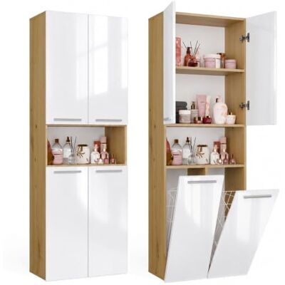 CDF Hochschrank Wäsche 2 Wäschekörbe Kurze Tür Eiche Artisan/Weiß Glanz 4 Einlegeböden, 16 mm Spanplatte, glänzend, 60x30x174 cm, Selbstmontage, 2 Jahre Garantie, 39,5 kg Gewicht, modern, praktisch CDF Hochschrank Wäsche 2 Wäschekörbe Kurze Tür Eiche Artisan/Weiß Glanz 4 Einlegeböden, 16 mm Spanplatte, glänzend, 60x30x174 cm, Selbstmontage, 2 Jahre Garantie, 39,5 kg Gewicht, modern, praktisch