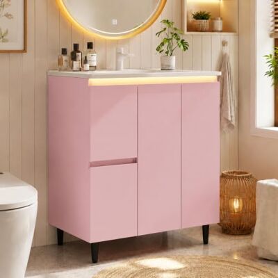 BTM Waschtisch Stehend mit Unterschrank Badezimmer Unterschrank Waschbecken mit LED-Radarsensorleuchte Rosa BTM Waschtisch Stehend mit Unterschrank Badezimmer Unterschrank Waschbecken mit LED-Radarsensorleuchte Rosa