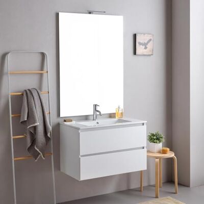 KIAMAMI VALENTINA Hängendes Badmöbel 80 cm Weiß 2 Schubladen Spiegel Keramikwaschbecken 81,5x46,5 cm, Spiegel 80x110 cm, melaminbeschichtetes Holz, vormontiert, modernes Design KIAMAMI VALENTINA Hängendes Badmöbel 80 cm Weiß 2 Schubladen Spiegel Keramikwaschbecken 81,5x46,5 cm, Spiegel 80x110 cm, melaminbeschichtetes Holz, vormontiert, modernes Design