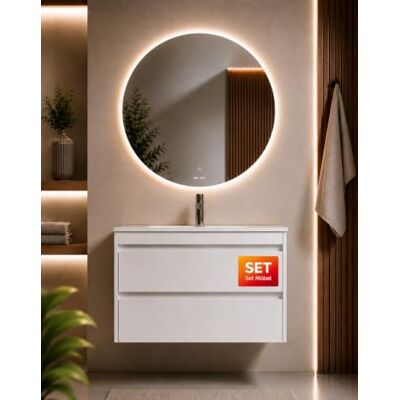 AM.PM Spike – Badmöbel Set 80 cm mit rundem LED Badspiegel Ø 80 cm Waschtischunterschrank mit Waschbecken & Spiegel 2 Schubladen Soft-Close Touchless Anti-Beschlag Dimmbar Weiß Hochglanz AM.PM Spike – Badmöbel Set 80 cm mit rundem LED Badspiegel Ø 80 cm Waschtischunterschrank mit Waschbecken & Spiegel 2 Schubladen Soft-Close Touchless Anti-Beschlag Dimmbar Weiß Hochglanz