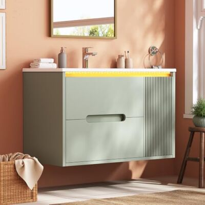 BTM Badezimmerunterschrank Hängend Waschbecken mit Schubladen & LED Grün BTM Badezimmerunterschrank Hängend Waschbecken mit Schubladen & LED Grün