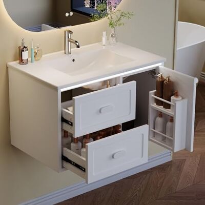 Merax Badezimmer-Hängeschrank mit integriertem Waschbecken, Volllackierter Waschtisch mit LED-Radarsensor-Beleuchtung, 2 Schubladen und rechter Türablage, leise Gleitschienen, 76x46x51 cm, Weiß Merax Badezimmer-Hängeschrank mit integriertem Waschbecken, Volllackierter Waschtisch mit LED-Radarsensor-Beleuchtung, 2 Schubladen und rechter Türablage, leise Gleitschienen, 76x46x51 cm, Weiß