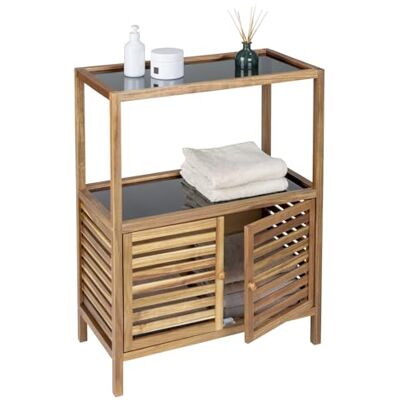 WENKO Badregal Mod. Fondi freistehendes Regal mit Türen und Etagen aus massivem Akazienholz für Badezimmer oder Wohnbereich mit schwarzen Glasböden viel Stauraum 67,5 x 86 x 35,5 cm Braun WENKO Badregal Mod. Fondi freistehendes Regal mit Türen und Etagen aus massivem Akazienholz für Badezimmer oder Wohnbereich mit schwarzen Glasböden viel Stauraum 67,5 x 86 x 35,5 cm Braun