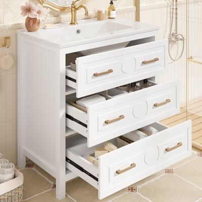 Merax Waschbeckenunterschrank mit Keramikbecken, Stehender Waschtisch und Badezimmerschrank, Volllackierter Badschrank mit 3 Schubladen und Soft-Close, 76,5x47x82 cm, Weiß Merax Waschbeckenunterschrank mit Keramikbecken, Stehender Waschtisch und Badezimmerschrank, Volllackierter Badschrank mit 3 Schubladen und Soft-Close, 76,5x47x82 cm, Weiß