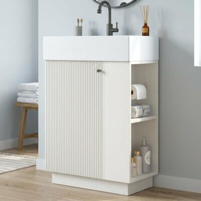BTM Waschbecken Stehend mit Unterschrank für Kleine Bäder Waschtischunterschrank mit Toilettenpapierhalter Weiß BTM Waschbecken Stehend mit Unterschrank für Kleine Bäder Waschtischunterschrank mit Toilettenpapierhalter Weiß